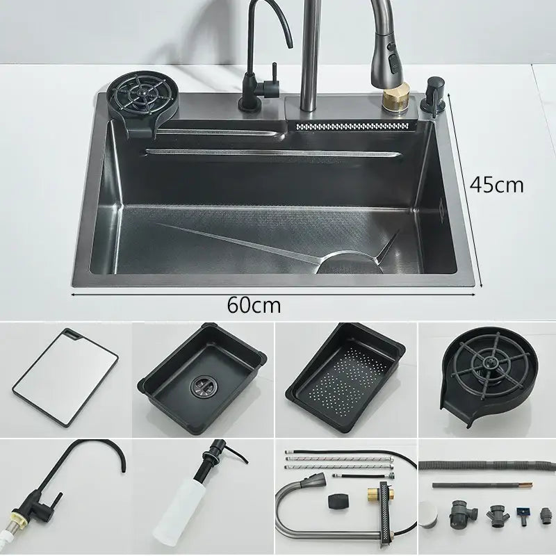 Modern black stainless steel double basin kitchen sink with integrated faucet and drain assembly 60cm x 45cm