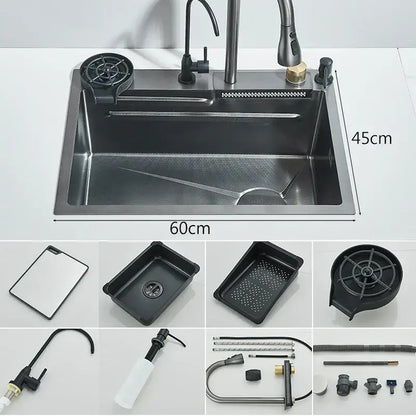 Modern black stainless steel double basin kitchen sink with integrated faucet and drain assembly, 60cm by 45cm