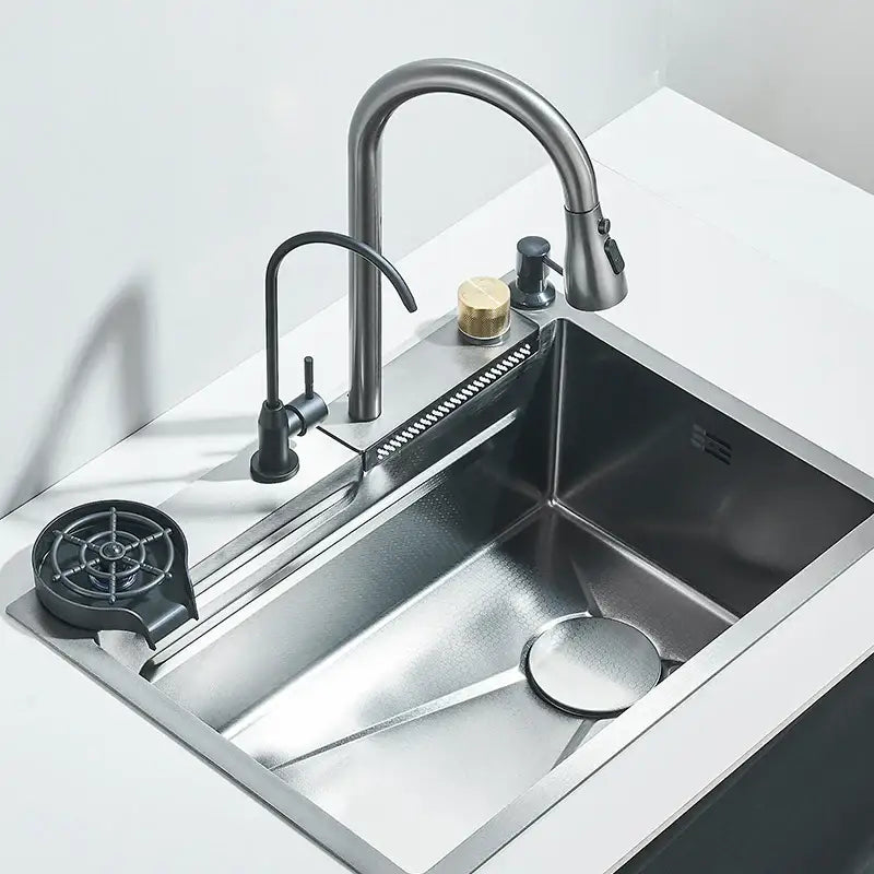 Modern black stainless steel double basin kitchen sink with matte black curved spout pull-down faucet