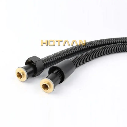 Modern black stainless steel flexible shower hose with black corrugated tubing and brass-colored threaded ends