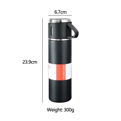 Modern black stainless steel insulated water bottle with silver lid and handle featuring hot and cold label