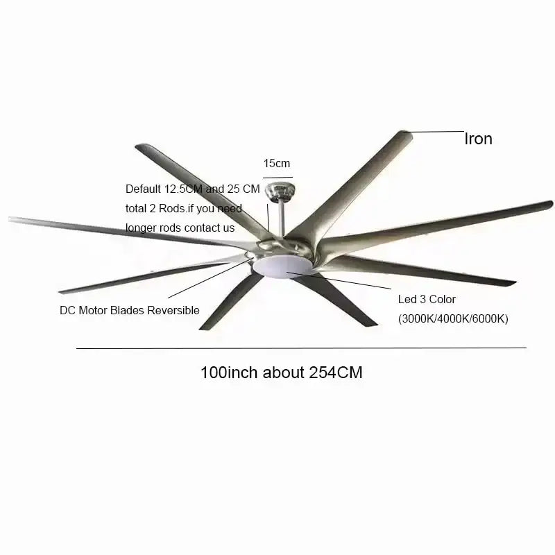 Modern black stainless steel large ceiling fan with sleek iron blades and led lighting in three color temperatures
