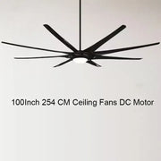 Modern black stainless steel large ceiling fan with sleek blades and central light fixture for living room use