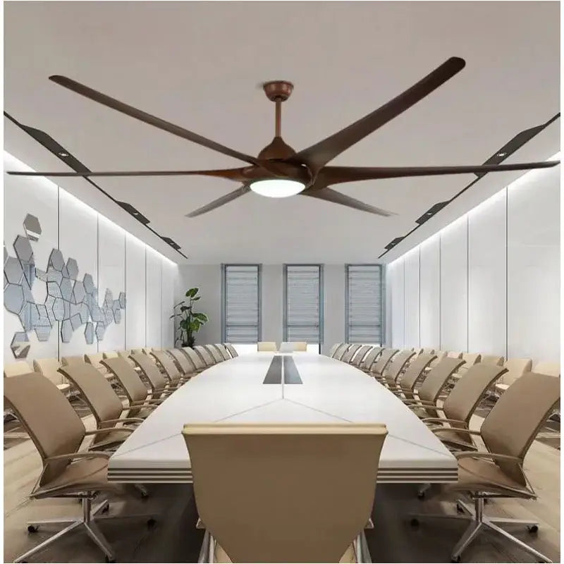 Modern black stainless steel large ceiling fan with bronze finish, sleek elongated blades, and integrated lighting for living room