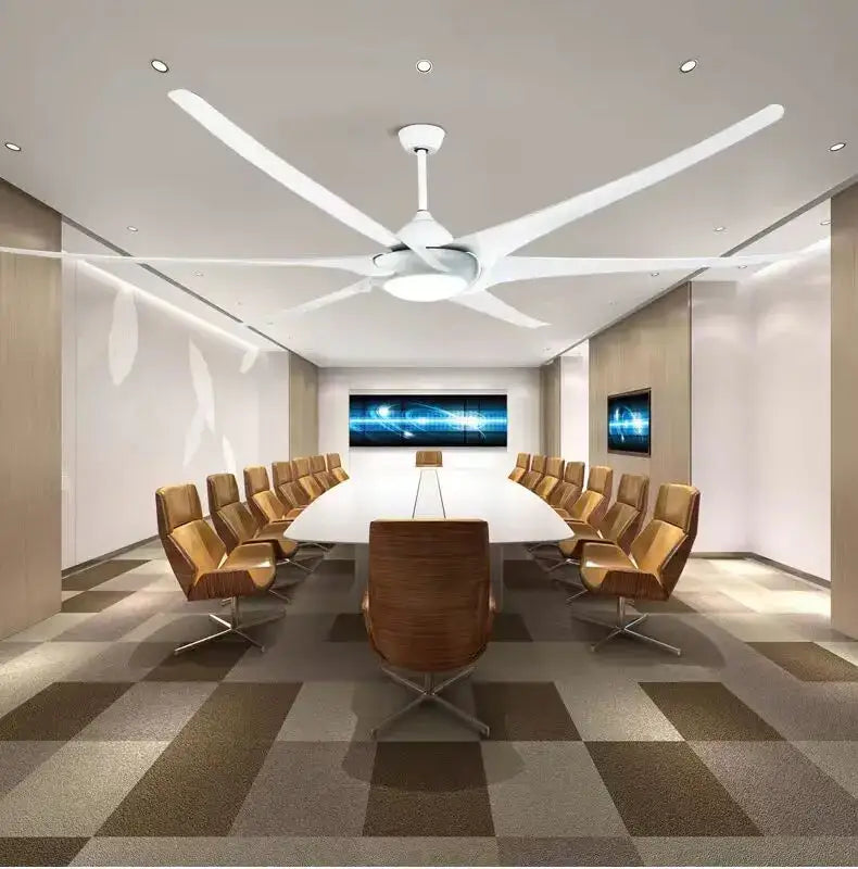 White ceiling fan with four sleek blades and central light fixture for modern large ceiling living room use