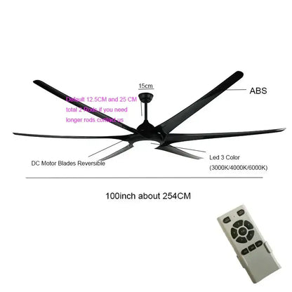 Modern black stainless steel large ceiling fan with sleek blades and led lighting for living room use