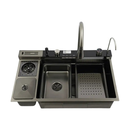 Modern black stainless steel single bowl sink with integrated cooktop and faucet for kitchen use