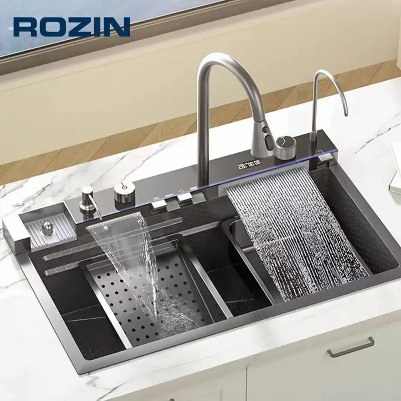 Modern rozin black stainless steel kitchen sink with sleek finish dual waterfall faucets and digital display panel