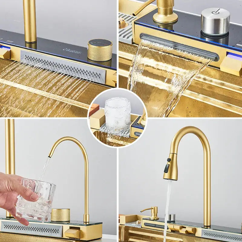 Modern black stainless steel waterfall kitchen sink with gold-toned waterfall faucet and integrated led lighting