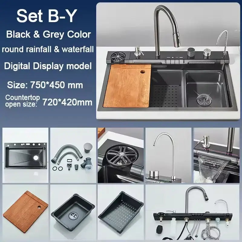Modern black stainless steel dual basin kitchen sink with wooden cutting board and digital display faucet system