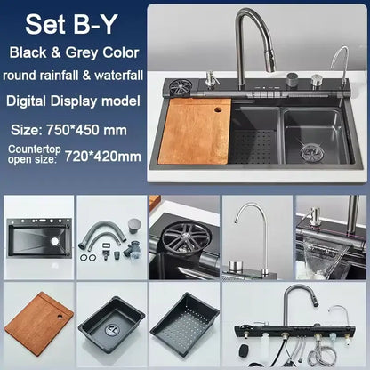 Modern black stainless steel dual basin kitchen sink with wooden cutting board and digital display faucet system