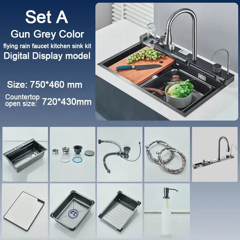 Modern black stainless steel waterfall kitchen sink with gun grey digital display flying rain faucet kit