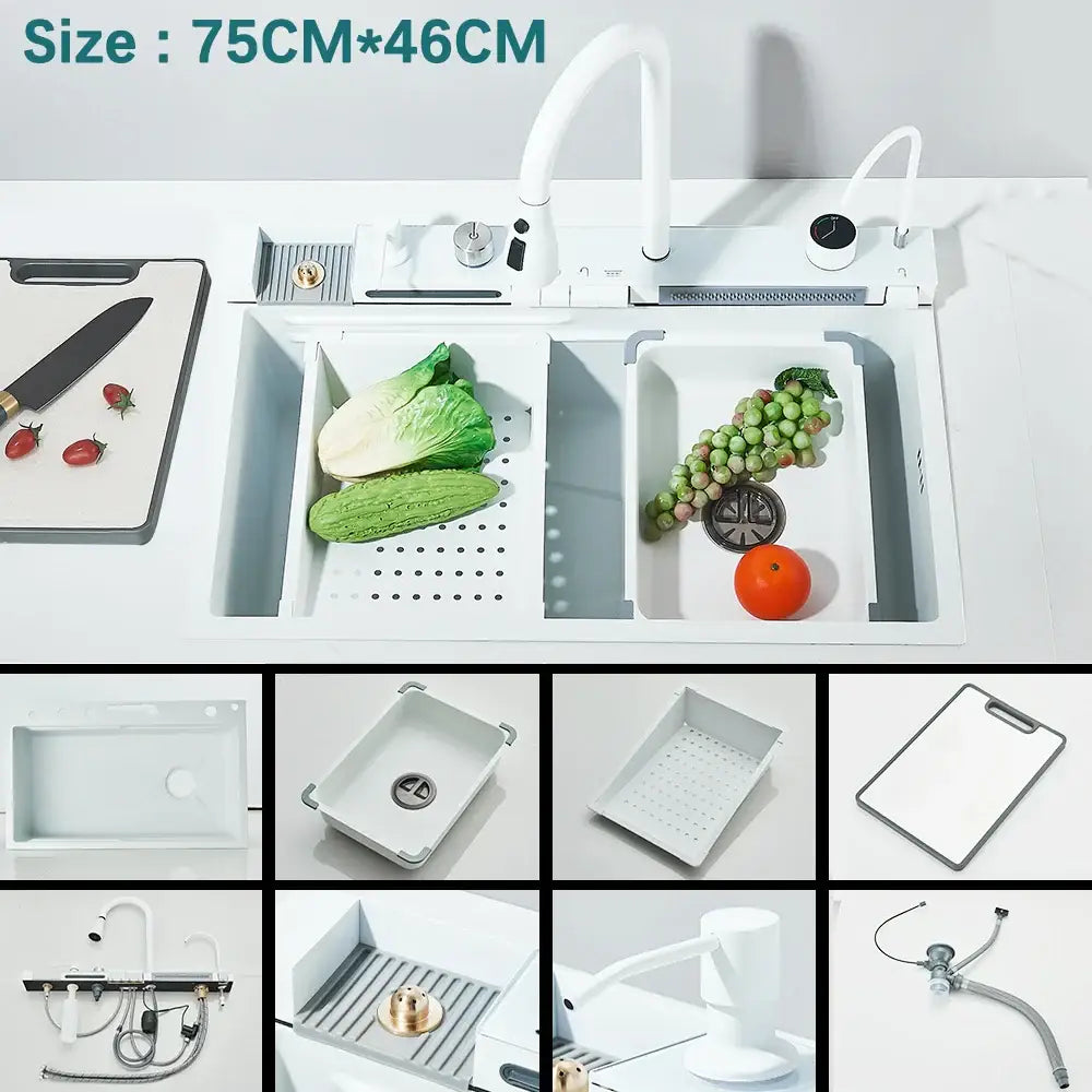 White double-basin kitchen sink with integrated faucet and drain system in stainless steel for modern kitchen use