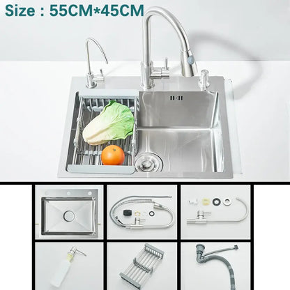 Modern black stainless steel waterfall kitchen sink with stainless steel faucet and integrated dish rack display