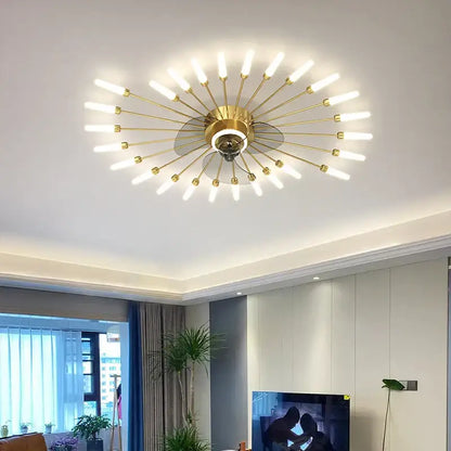 Modern black starburst chandelier ceiling fan with gold-toned slender arms and frosted glass bulbs for living room use
