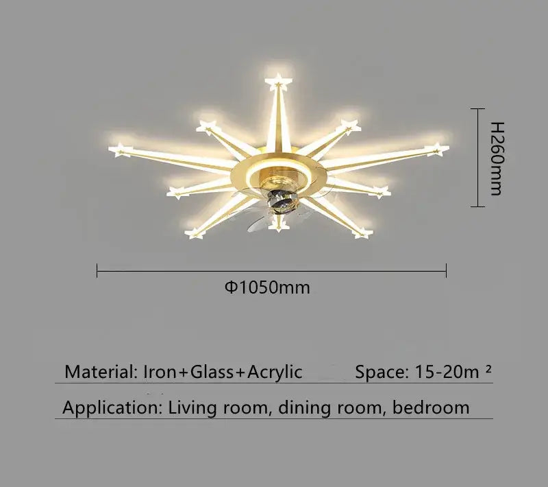 Gold-toned modern chandelier ceiling fan with iron, glass, and acrylic arms for living room ceiling fan lighting