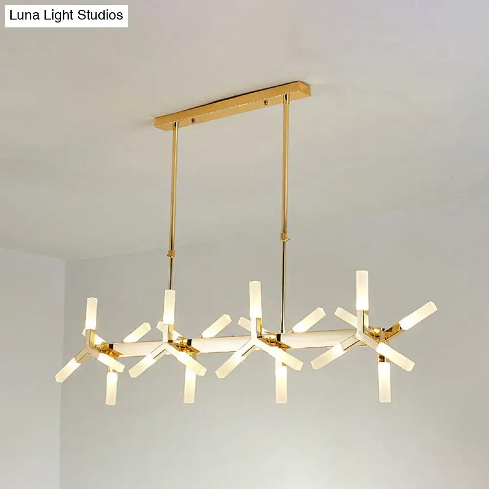 Modern gold-finished DecorBites linear acrylic shade chandelier with multiple arms ideal for dining room or island lighting