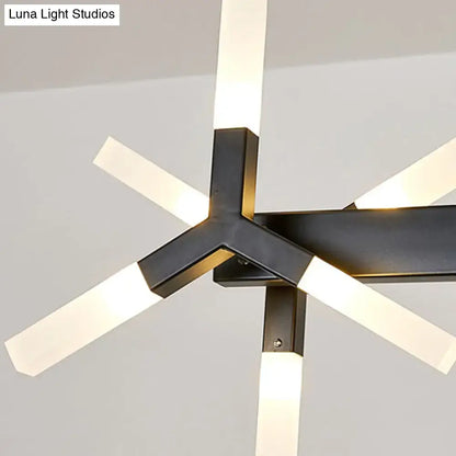 Modern black metal chandelier with illuminated white rectangular linear acrylic shade, ideal over dining island