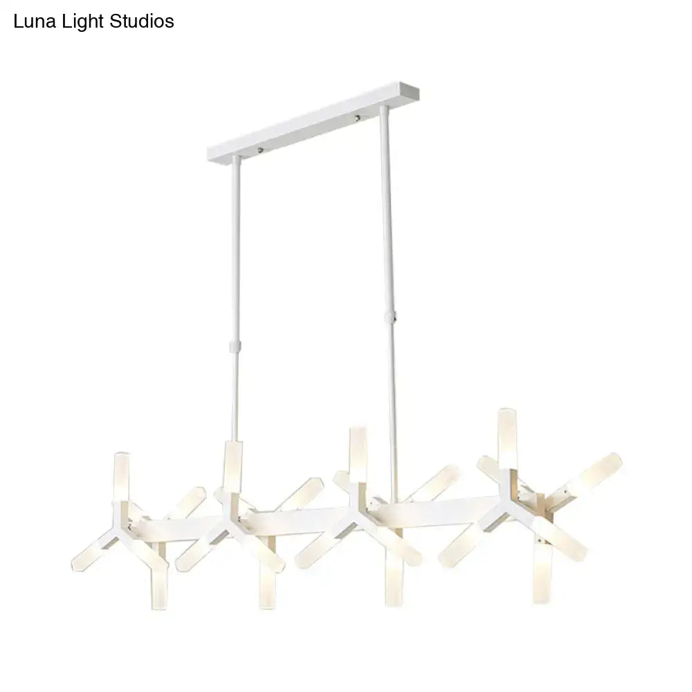 Modern white pendant chandelier with geometric branch design and multiple lights in linear acrylic shade for dining room