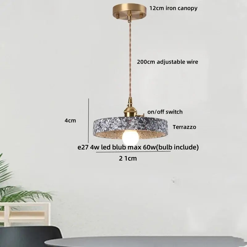 Modern black terrazzo led pendant lamp with brass iron canopy and adjustable wire for dining room decorbites black terrazzo