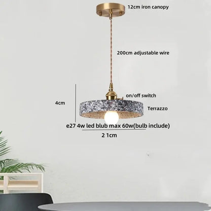 Modern black terrazzo led pendant lamp with brass iron canopy and adjustable wire for dining room decorbites black terrazzo