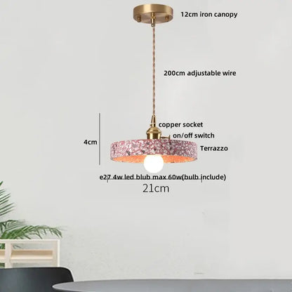 Modern black terrazzo led pendant lamp with brass iron canopy, adjustable copper wire, and pink white terrazzo ring decorbites black terrazzo