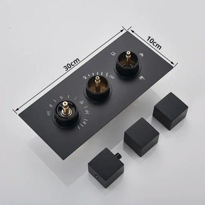 Modern black decorbites thermostatic rainfall shower faucet with wall-mounted dual-handle control panel and gold knobs