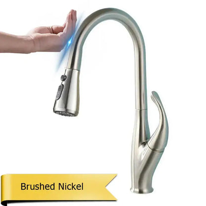 Brushed nickel kitchen faucet with sleek curved spout and pull-down spray head in decorbites black touch sensor design