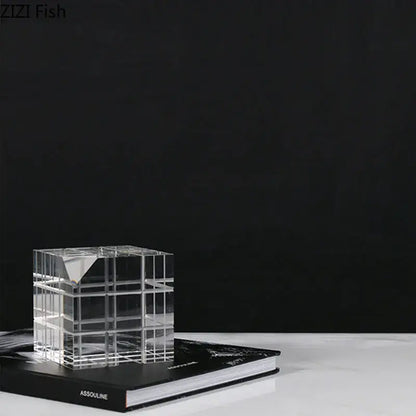 Modern black and transparent clear acrylic crystal magic cube desk ornament with geometric grid pattern and angled corner