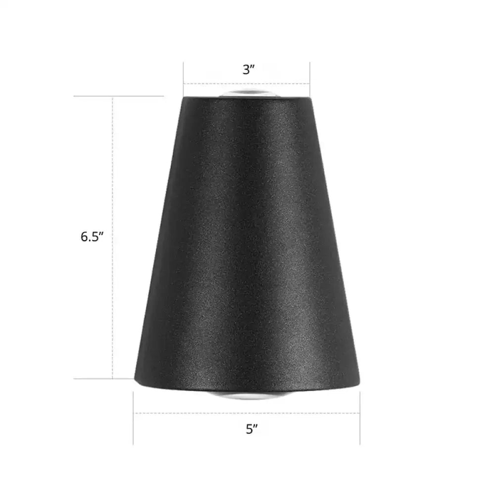 Modern black matte conical wall light with textured surface and precise dimensional markings for maximum bulb wattage