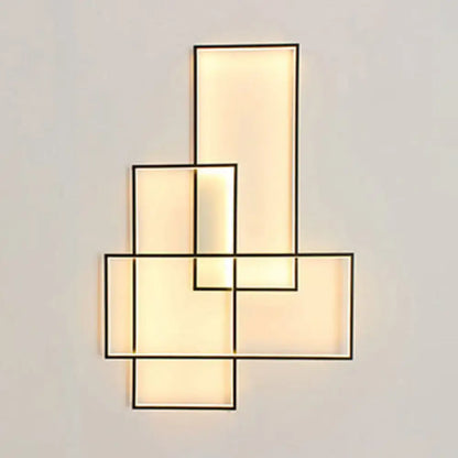 Modern black traverse wall light featuring geometric black metal frames with warm white diffused light panels for living room