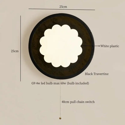 Modern black travertine wall lights featuring a circular design with a white scalloped led diffuser by decorbites black travertine