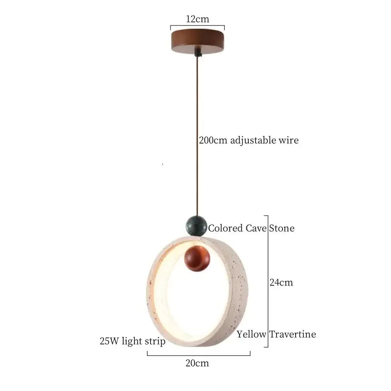 Modern black travertine led pendant light with circular yellow travertine frame and cave stone accents for dining room decorbites black travertine