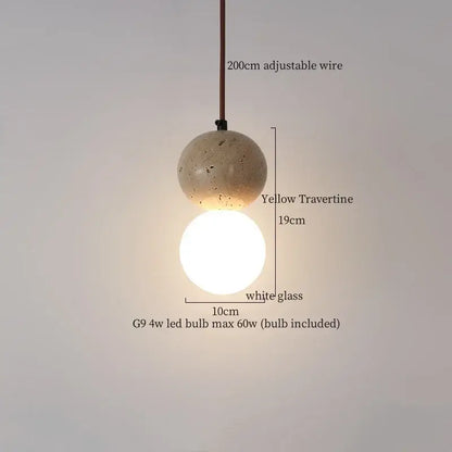 Modern black travertine led pendant light featuring a yellow travertine sphere with white glass globe for dining room decorbites black travertine