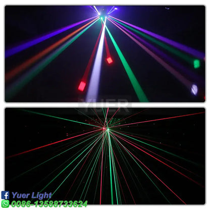 Vibrant multicolored laser beams from a modern black triple cube decorbites dual led strobe stage light against dark background