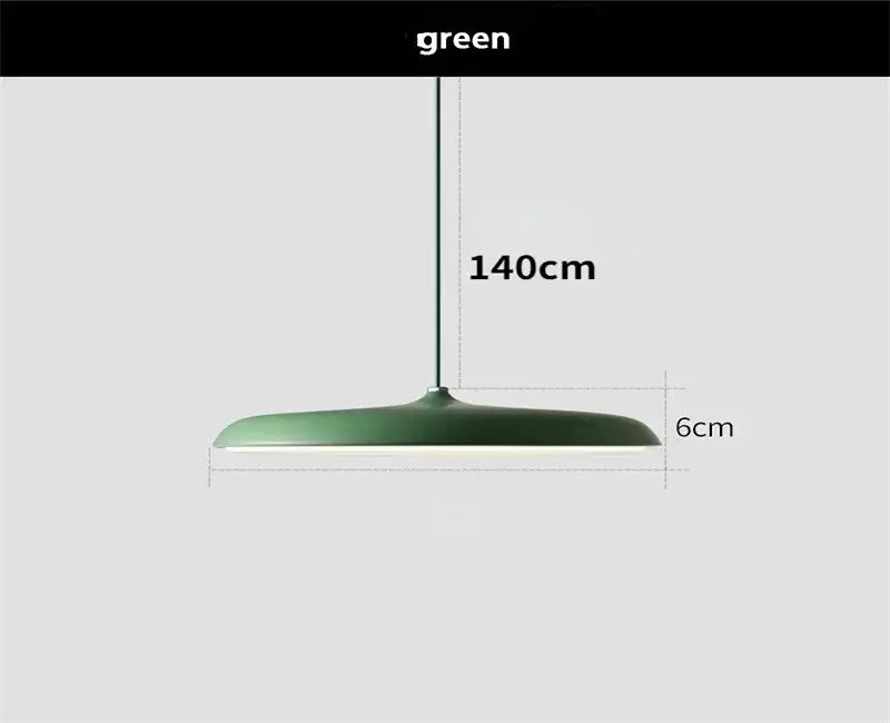 Modern black ufo pendant light with a sleek green disc-shaped shade and slender chain offers a stylish modern design light source