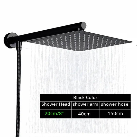 Modern black ultrathin rainfall shower head set with flexible hose and sleek design for bathroom use