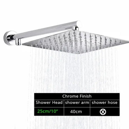 Modern black ultrathin rainfall shower head set with chrome finished square rainfall shower head and multiple water jets