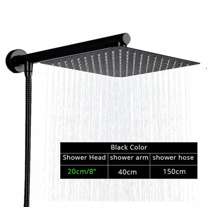 Modern black ultrathin rainfall shower head with a sleek square design and flexible hose for bathroom use
