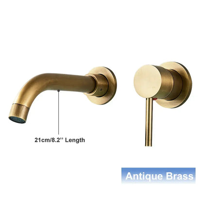 Antique brass basin faucet with curved spout and cylindrical handle for modern black wall mounted bathroom decorbites black wall