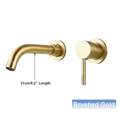 Modern black wall mounted basin faucet in brushed gold with sleek design and matching cylindrical handle by decorbites black wall