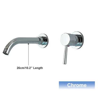 Modern black wall mounted basin faucet with chrome finish, sleek curved spout, and matching cylindrical handle by decorbites black wall