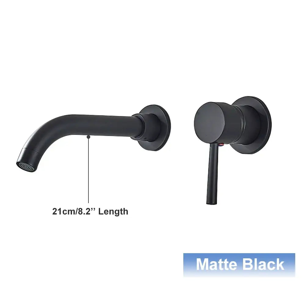 Modern black wall mounted basin faucet in matte black with a sleek design and matching cylindrical handle for bathrooms