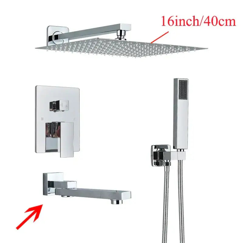 Chrome finished 16 inch square rainfall showerhead with fine spray nozzles for decorbites black wall mounted shower system