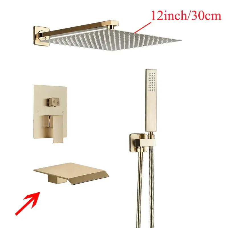 Gold-toned square 12-inch mounted showerhead with sleek modern design for decorbites black wall mounted shower system