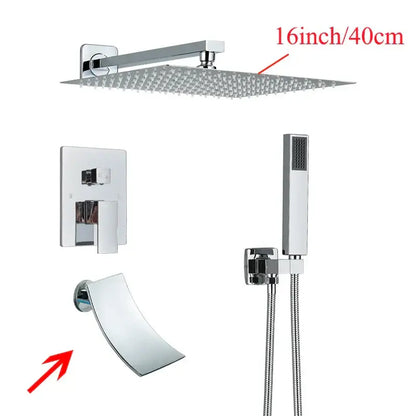 Modern black wall mounted shower system featuring a chrome finished 16 inch square rainfall showerhead with fine nozzles