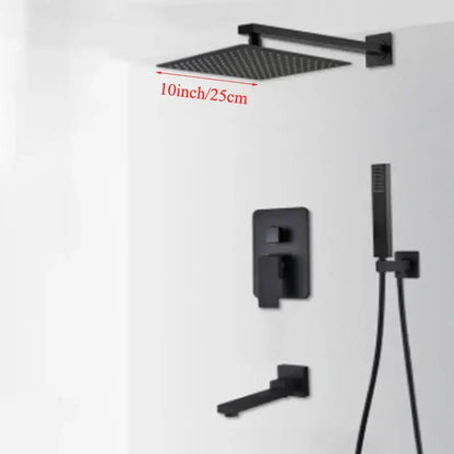 Modern black wall mounted shower system with black matte finish 10 inch square rain showerhead by decorbites