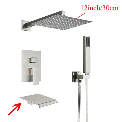 Modern black wall mounted shower system with brushed nickel 12-inch square rainfall showerhead and handheld shower