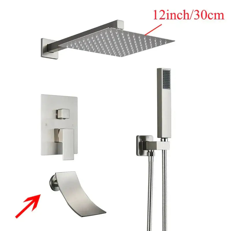 Modern black wall mounted shower system with brushed nickel 12 inch square rainfall showerhead and grid pattern decorbites black wall mounted design