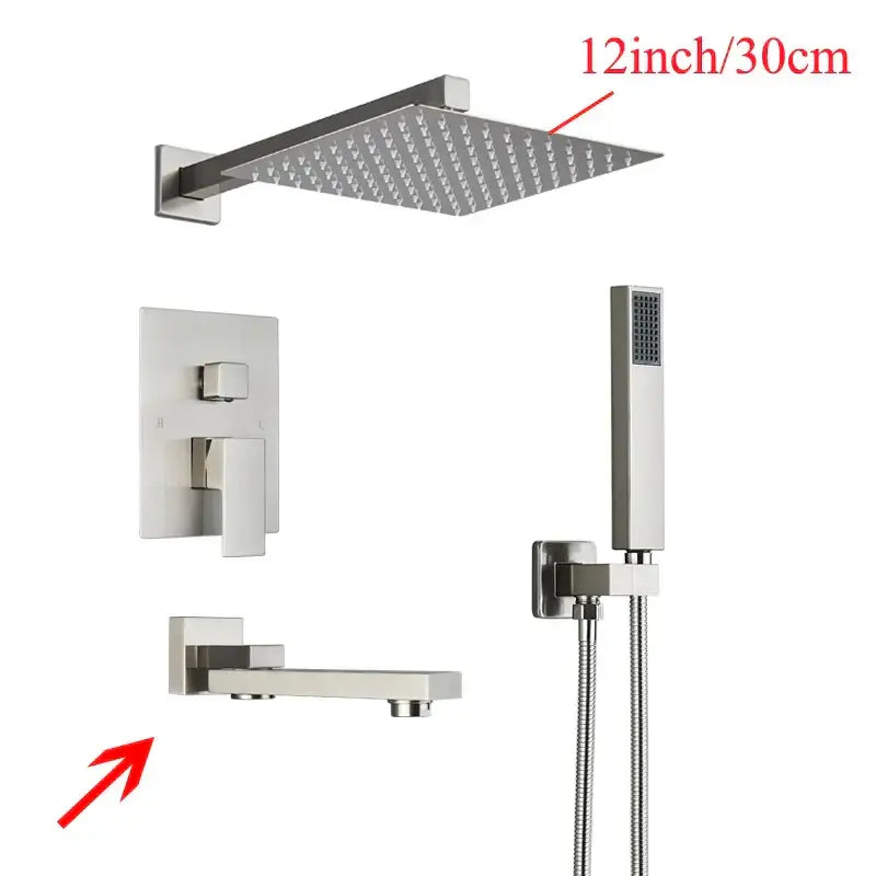 Modern black wall mounted shower system featuring a brushed nickel 12-inch square rainfall showerhead with minimalist design